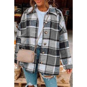 Gray Plaid Print Buttoned Shirt Jacket
